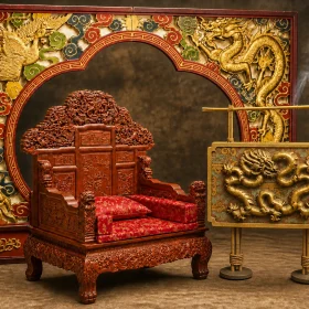 Detailopname van een luxe Aziatische troonstoel met ambachtelijk draken snijwerk in het donkere hout en een contrasterend helderrood traditioneel kussen.